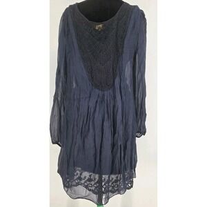 Amanti Women's Silk Dress Tunic Medium Navy Lace Underlay Made In Italy